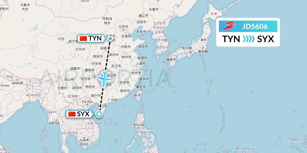 JD5606 Capital Airlines Flight Map: Taiyuan to Sanya