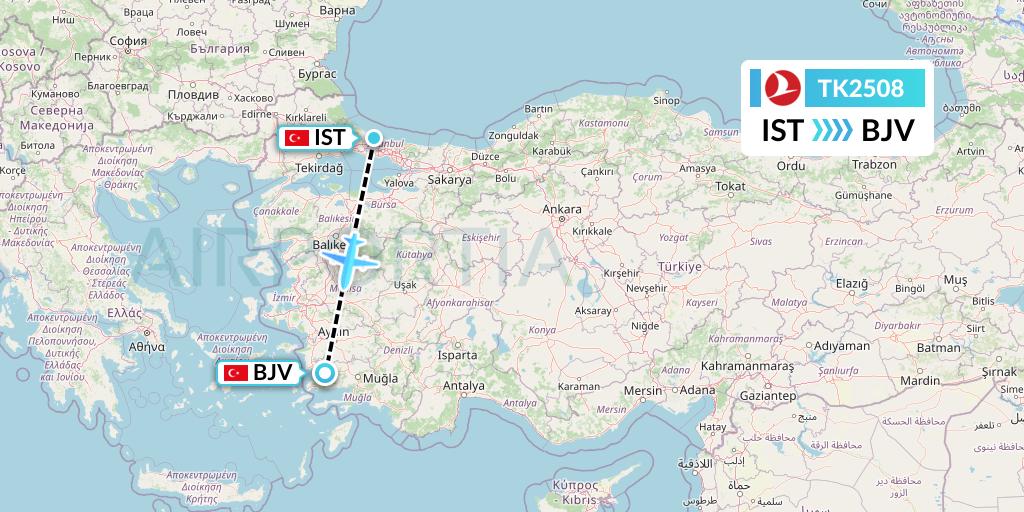 TK2508 Turkish Airlines Flight Map: Istanbul to Bodrum