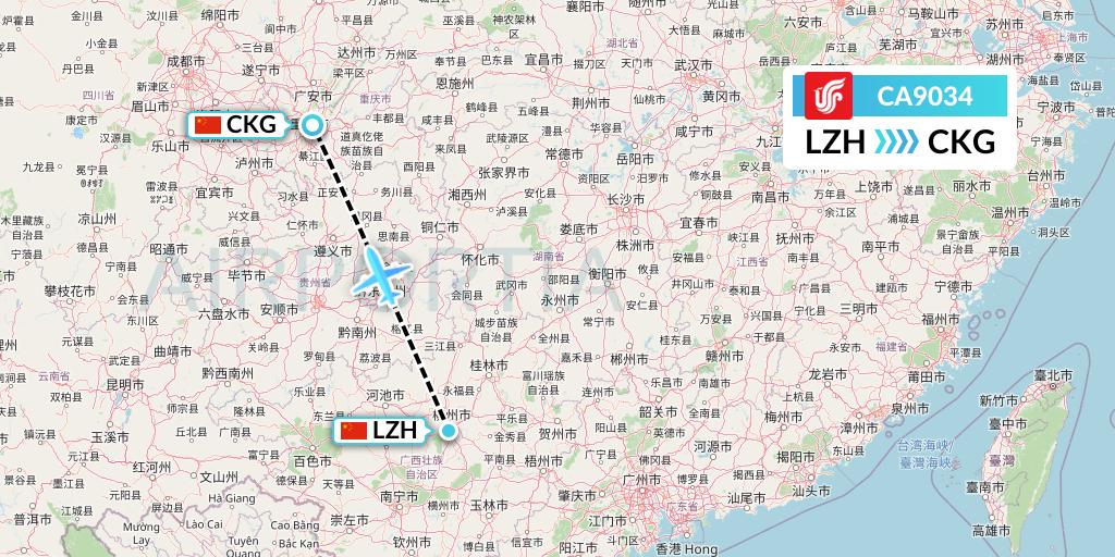 CA9034 Air China Flight Map: Liuzhou to Chongqing