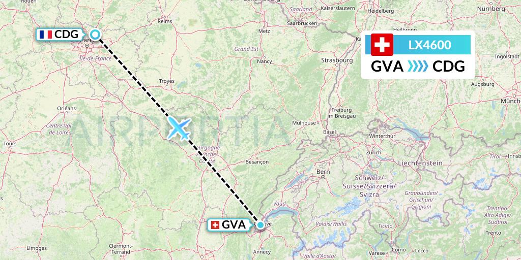 LX4600 Swiss Flight Map: Geneva to Paris