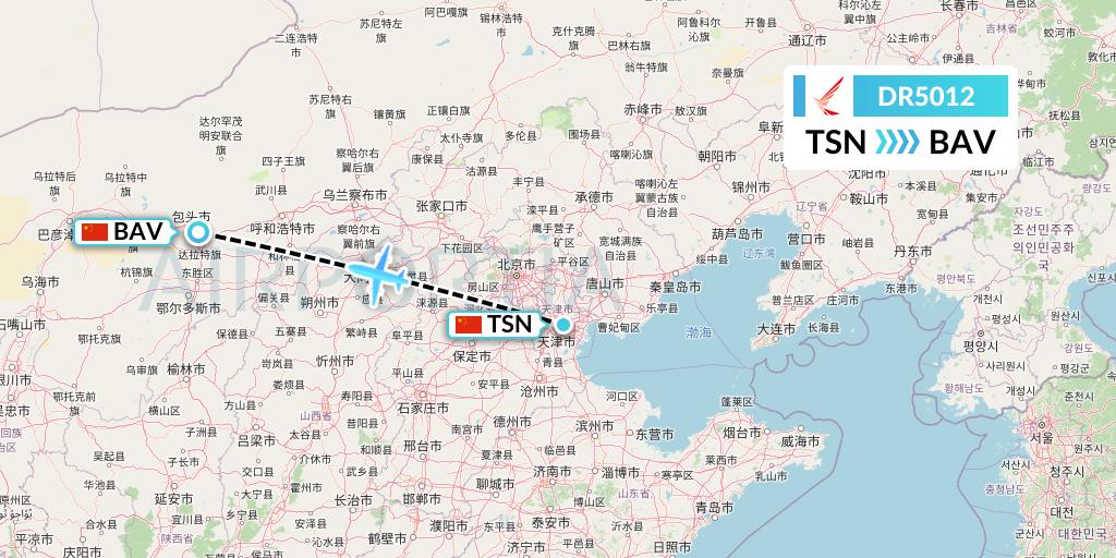 DR5012 Ruili Airlines Flight Map: Tianjin to Baotou