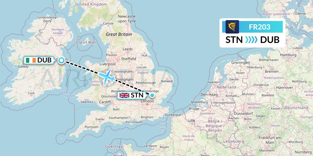 FR203 Ryanair Flight Map: London to Dublin