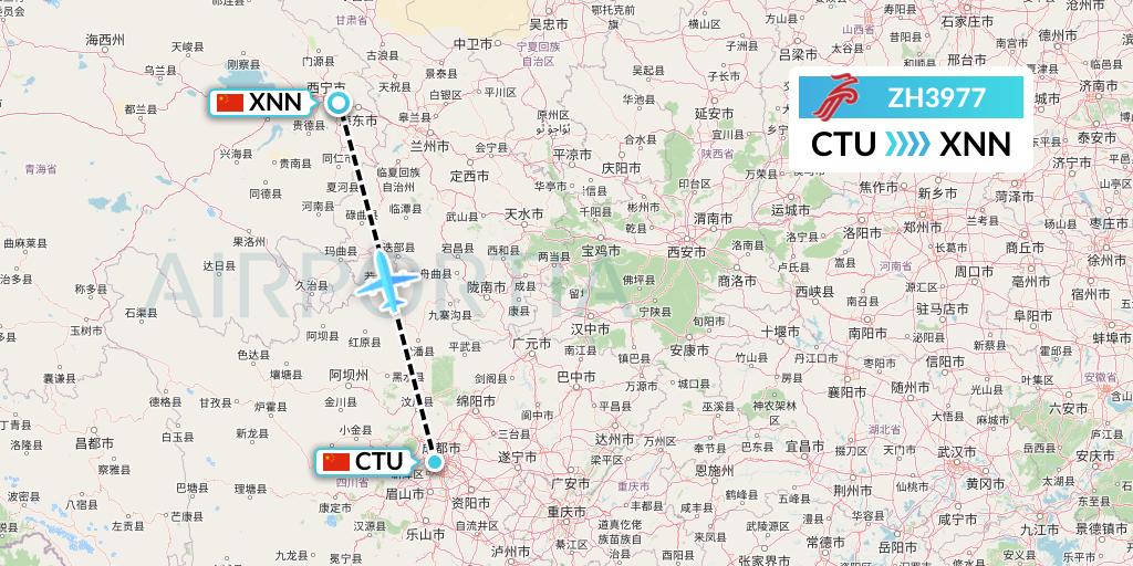 ZH3977 Shenzhen Airlines Flight Map: Chengdu to Xining
