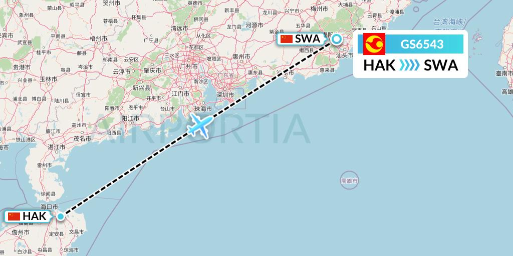 GS6543 Tianjin Airlines Flight Map: Haikou to Jieyang