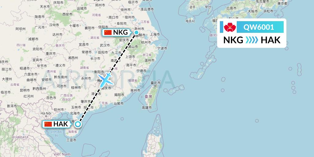 QW6001 Qingdao Airlines Flight Map: Nanjing to Haikou