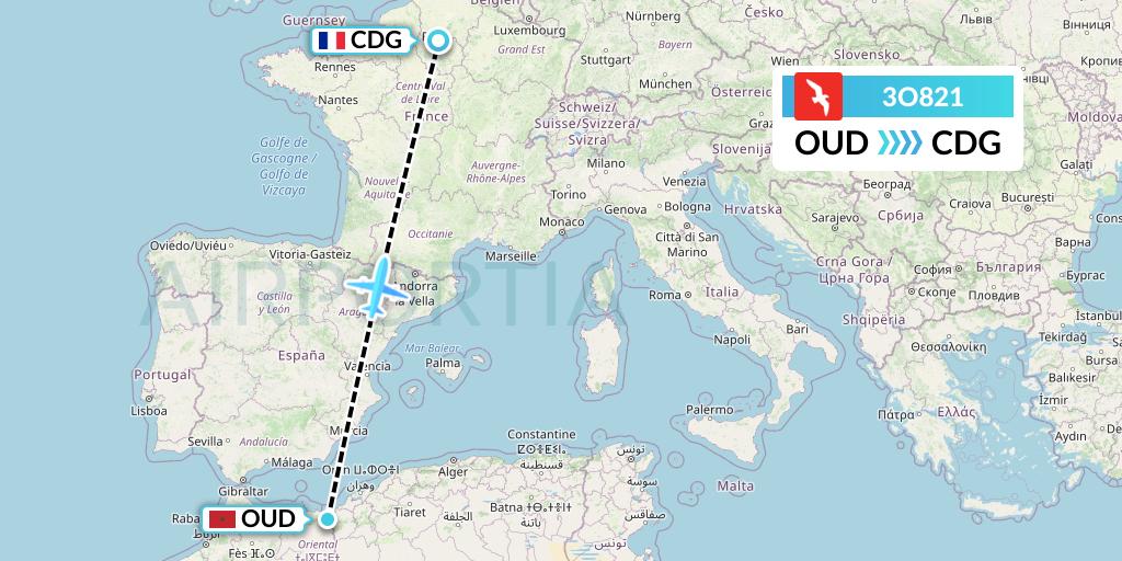 3O821 Air Arabia Maroc Flight Map: Oujda to Paris