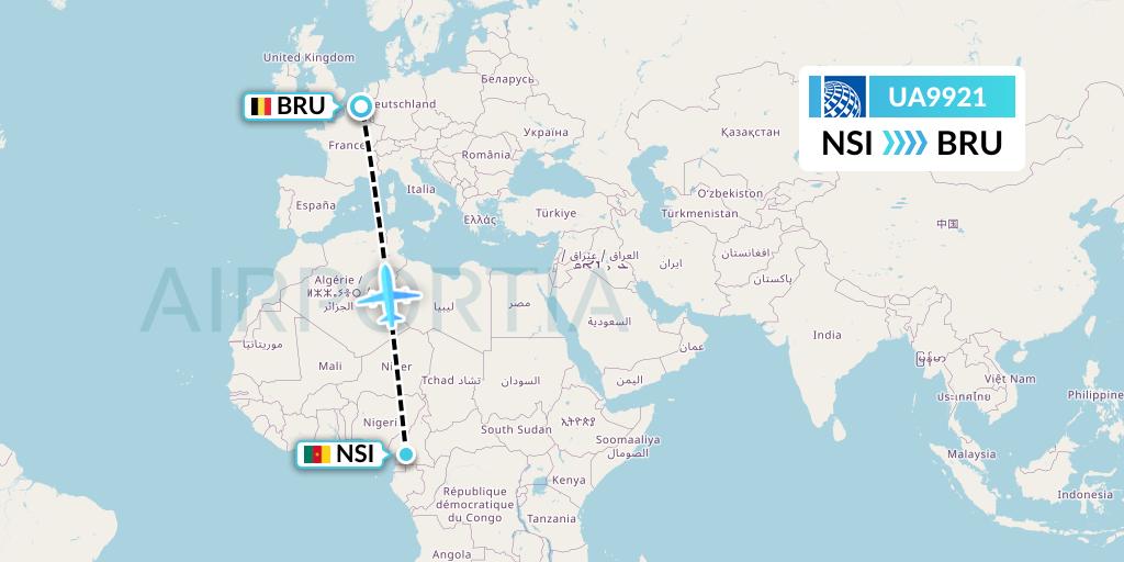 UA9921 United Airlines Flight Map: Yaounde to Brussels
