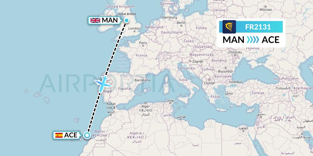 FR2131 Ryanair Flight Map: Manchester to Lanzarote