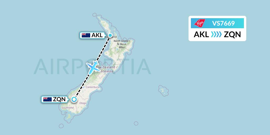 VS7669 Virgin Atlantic Airways Flight Map: Auckland to Queenstown