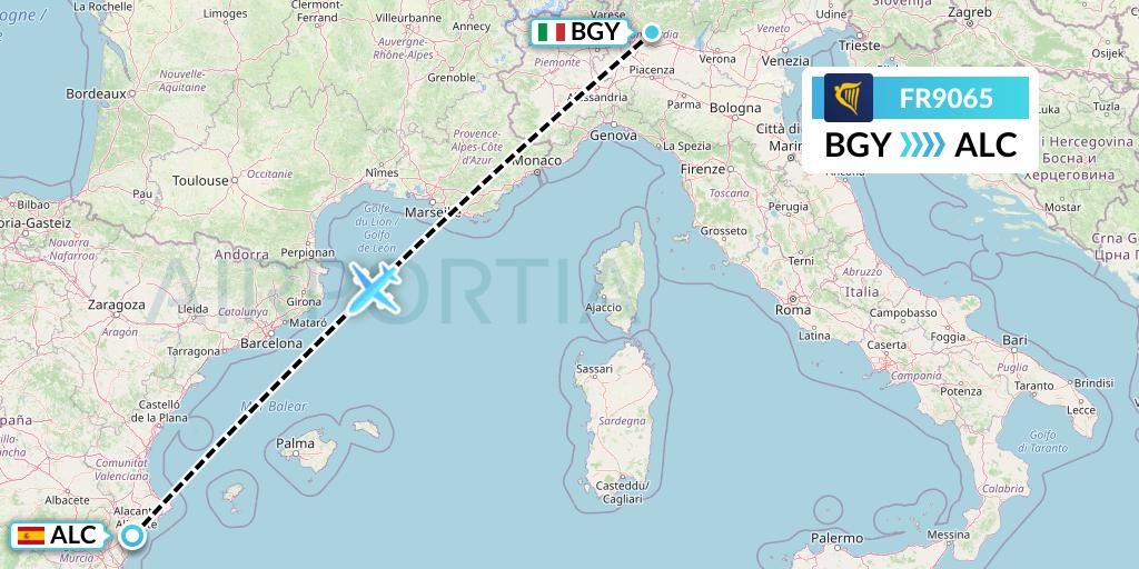 FR9065 Ryanair Flight Map: Milan to Alicante