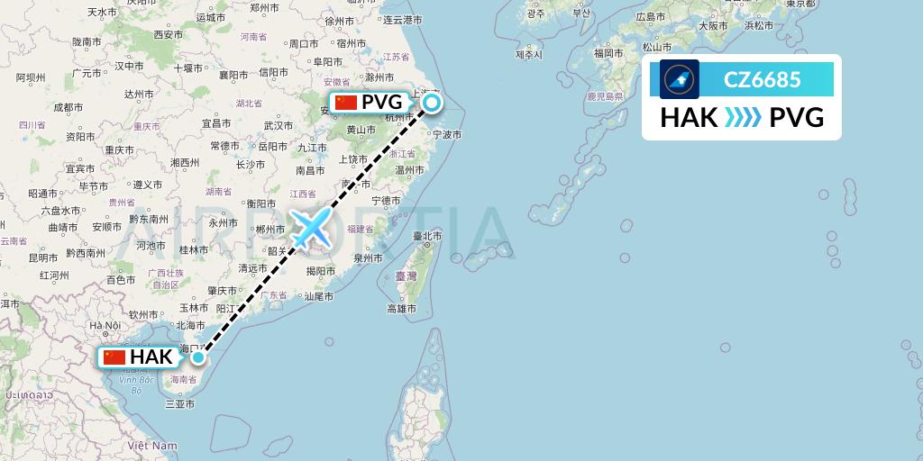 CZ6685 China Southern Airlines Flight Map: Haikou to Shanghai
