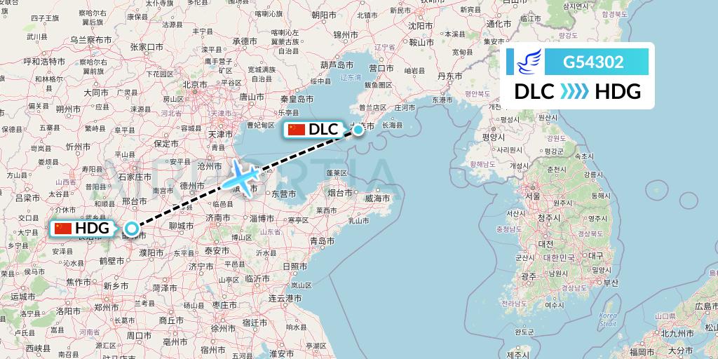 G54302 China Express Airlines Flight Map: Dalian to Handan