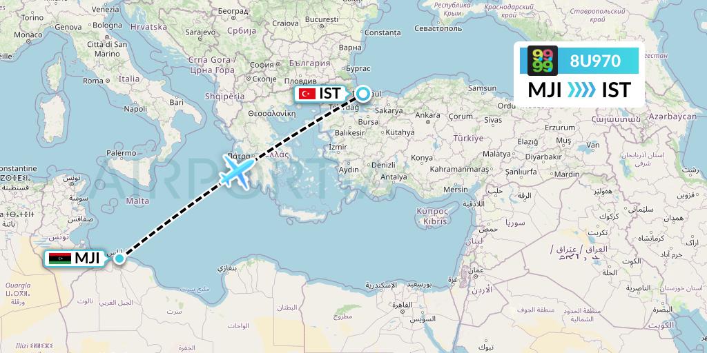 8U970 Afriqiyah Airways Flight Map: Tripoli to Istanbul