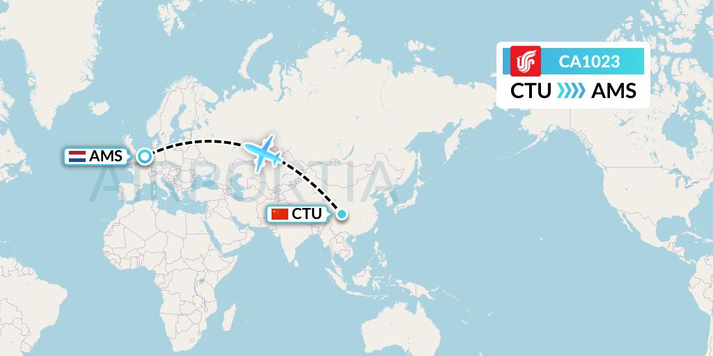 CA1023 Air China Flight Map: Chengdu to Amsterdam