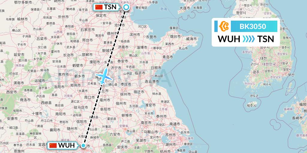 BK3050 Okay Airways Flight Map: Wuhan to Tianjin