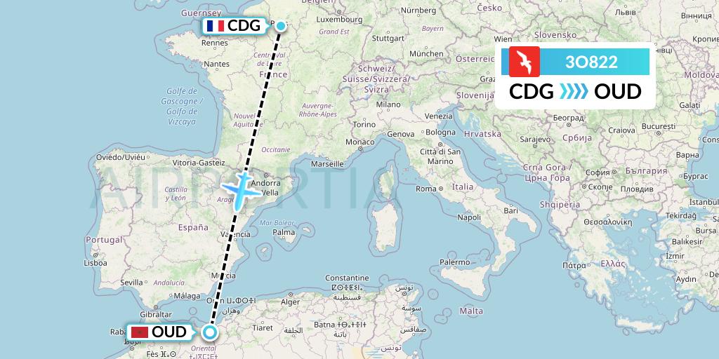 3O822 Air Arabia Maroc Flight Map: Paris to Oujda