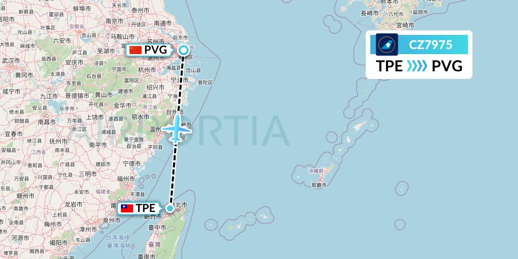 CZ7975 China Southern Airlines Flight Map: Taipei to Shanghai
