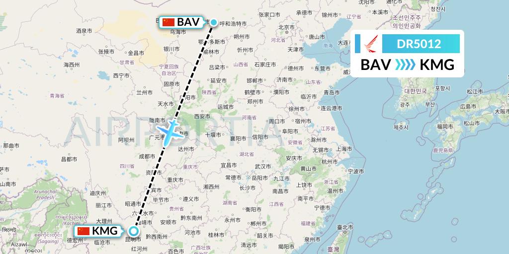 DR5012 Ruili Airlines Flight Map: Baotou to Kunming