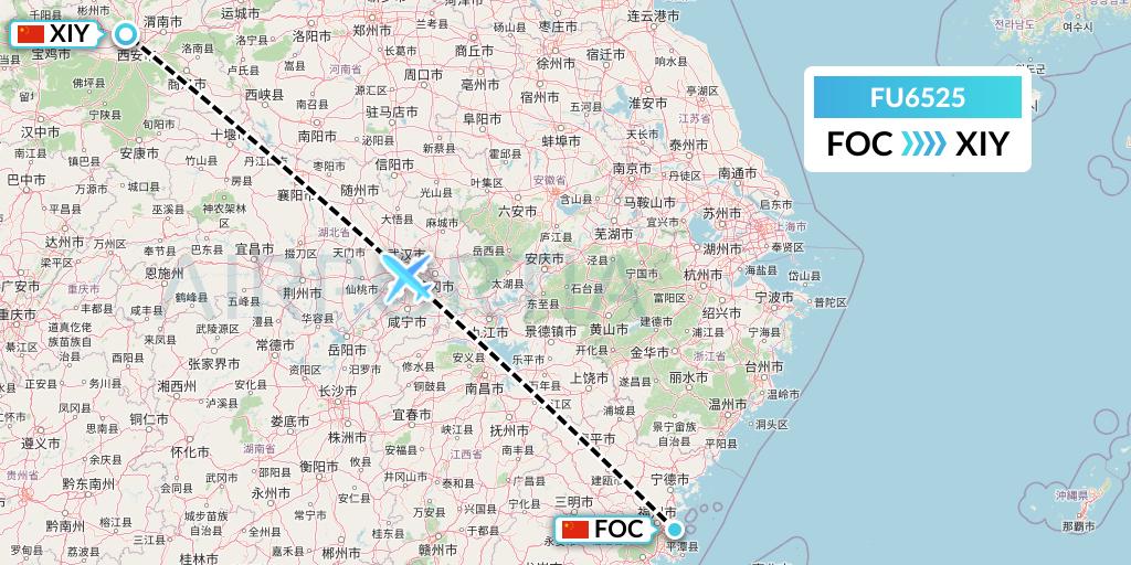 FU6525 Fuzhou Airlines Flight Map: Fuzhou to Xi'an