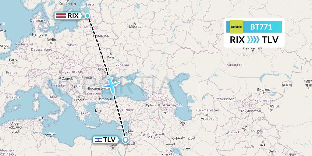 BT771 Air Baltic Flight Map: Riga to Tel Aviv