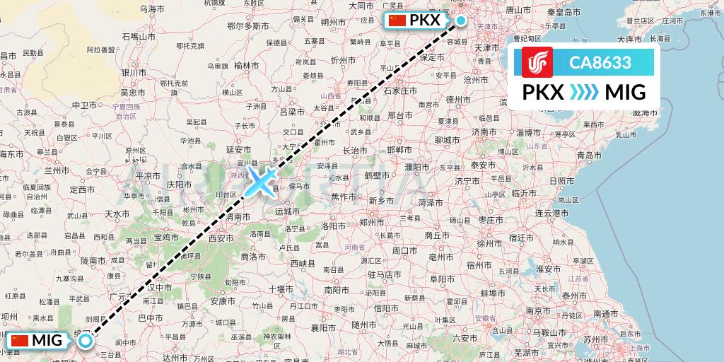 CA8633 Air China Flight Map: Beijing to Mianyang