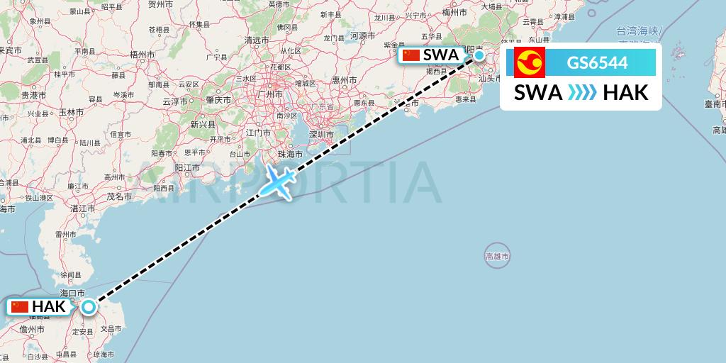 GS6544 Tianjin Airlines Flight Map: Jieyang to Haikou