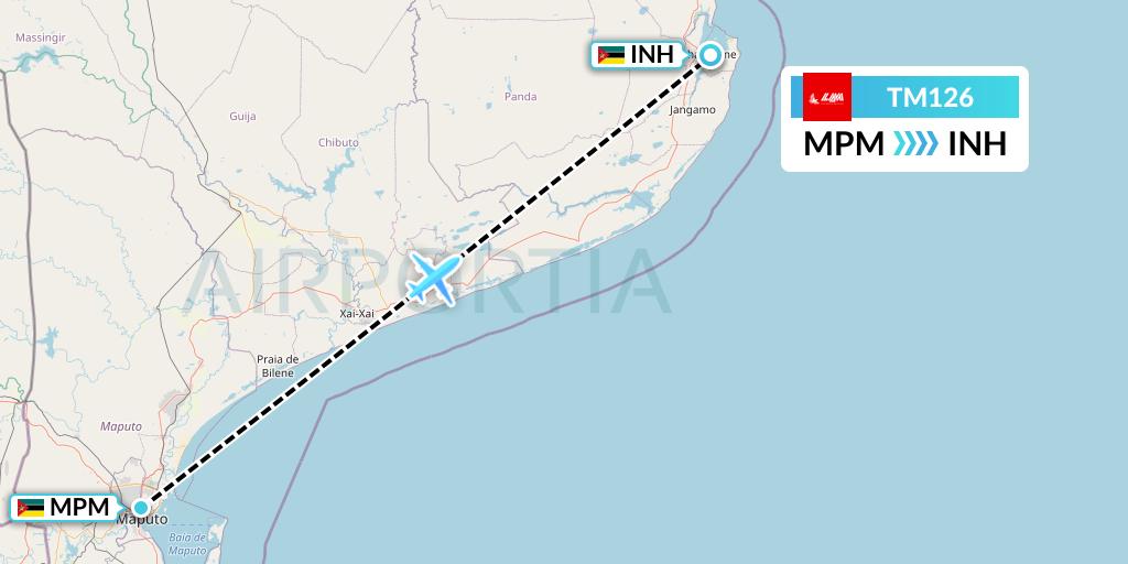 TM126 LAM Mozambique Airlines Flight Map: Maputo to Inhambane