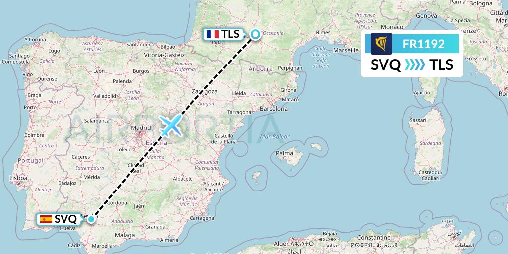 FR1192 Ryanair Flight Map: Seville to Toulouse