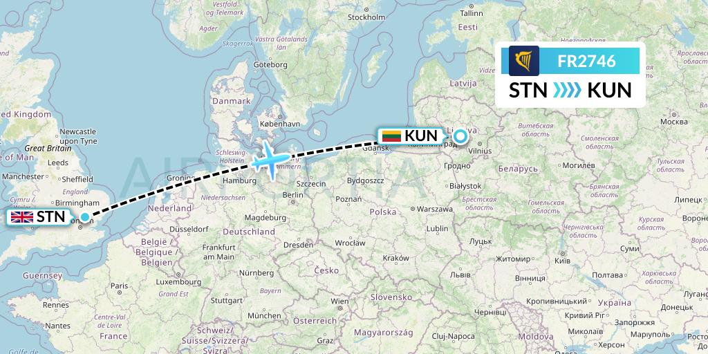FR2746 Ryanair Flight Map: London to Kaunas