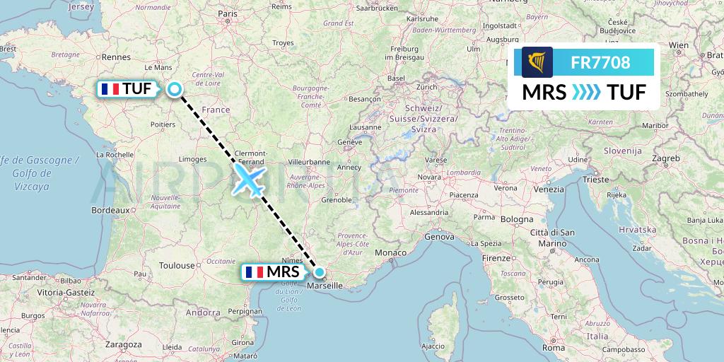 FR7708 Ryanair Flight Map: Marseille to Tours