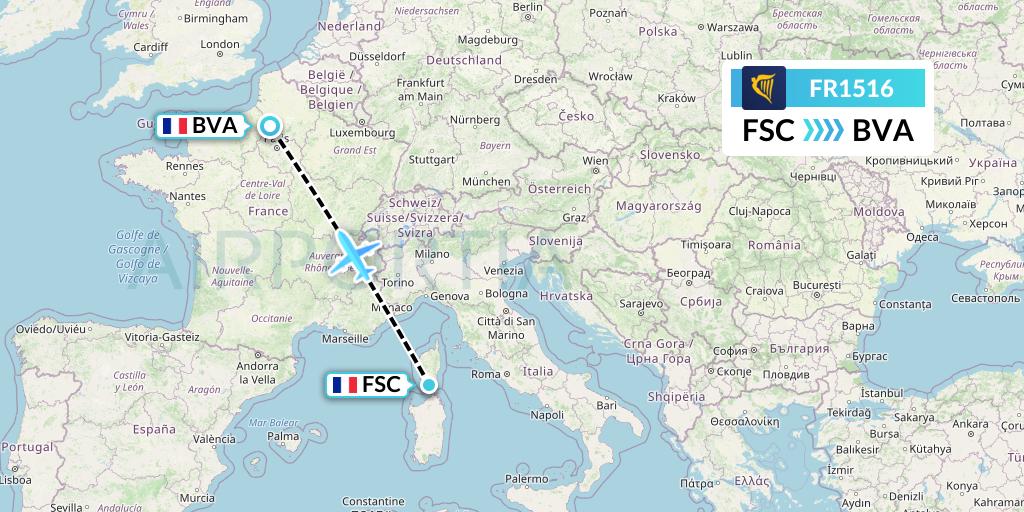 FR1516 Ryanair Flight Map: Figari to Paris