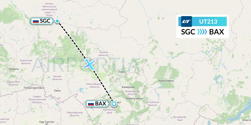 UT213 UTair Flight Map: Surgut to Barnaul