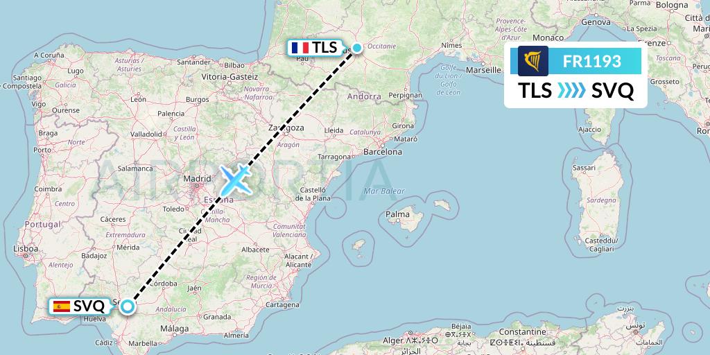 FR1193 Ryanair Flight Map: Toulouse to Seville