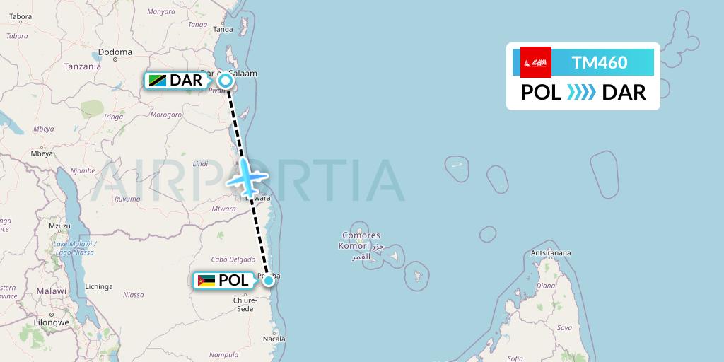 TM460 LAM Mozambique Airlines Flight Map: Pemba to Dar-es-Salaam