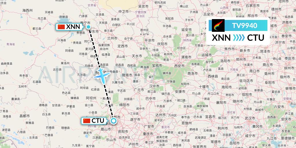 TV9940 Tibet Airlines Flight Map: Xining to Chengdu