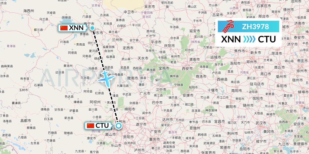 ZH3978 Shenzhen Airlines Flight Map: Xining to Chengdu