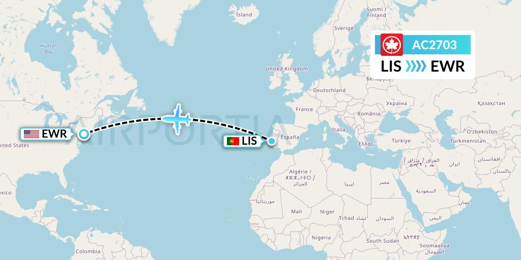 AC2703 Air Canada Flight Map: Lisbon to New York