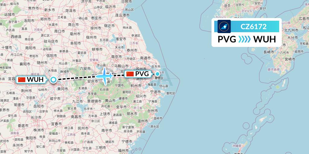 CZ6172 China Southern Airlines Flight Map: Shanghai to Wuhan