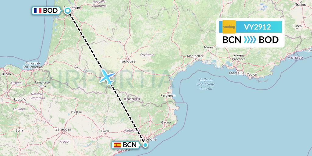 VY2912 Vueling Flight Map: Barcelona to Bordeaux