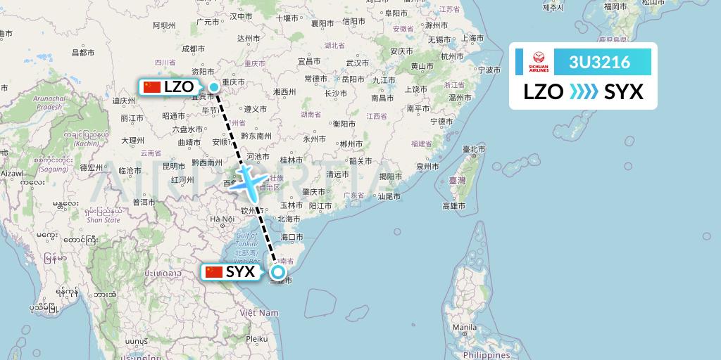3U3216 Sichuan Airlines Flight Map: Luzhou to Sanya