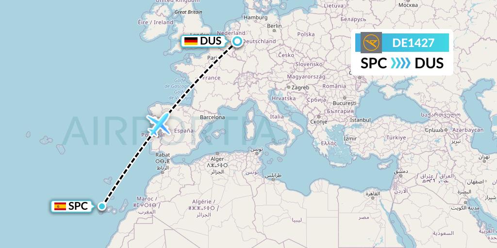DE1427 Condor Flight Map: La Palma to Dusseldorf