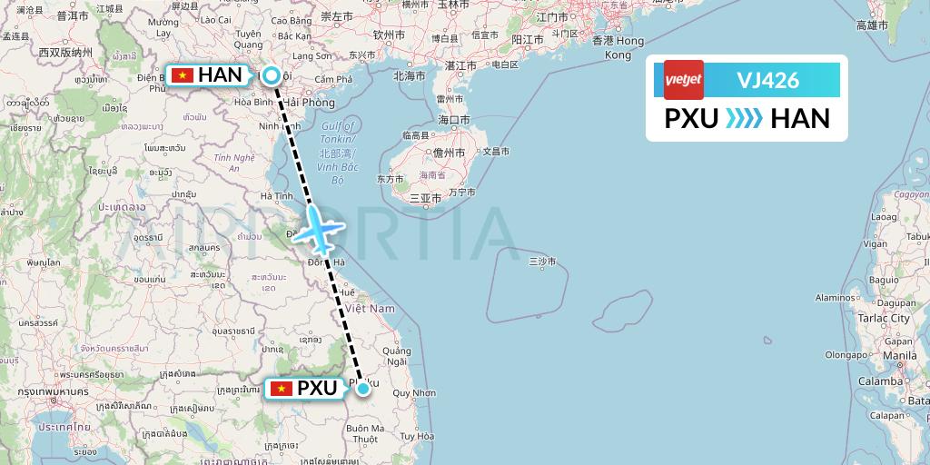 VJ426 VietJet Air Flight Map: Pleiku to Hanoi