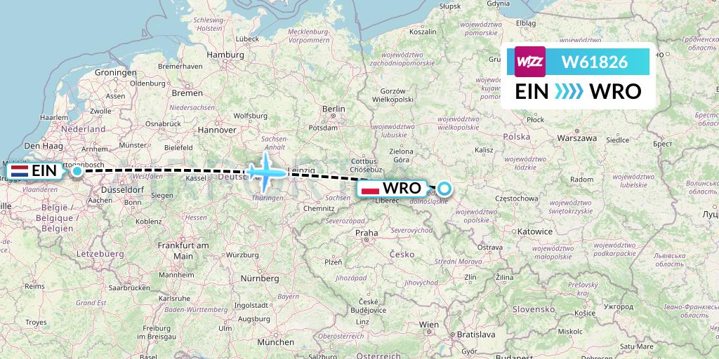 W61826 Wizz Air Flight Map: Eindhoven to Wroclaw