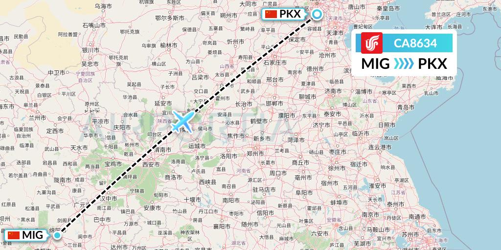 CA8634 Air China Flight Map: Mianyang to Beijing