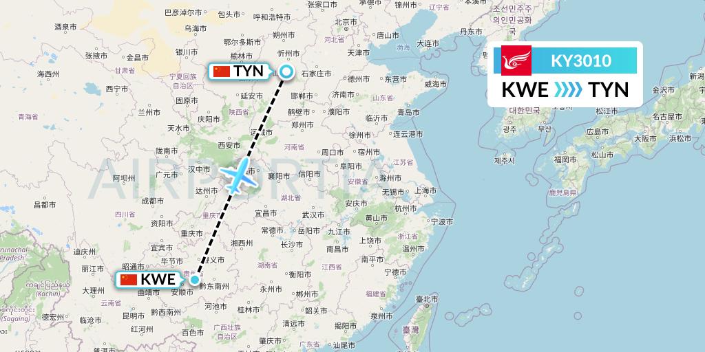 KY3010 Kunming Airlines Flight Map: Guiyang to Taiyuan