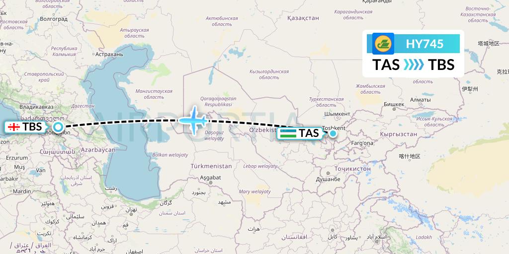 HY745 Uzbekistan Airways Flight Map: Tashkent to Tbilisi