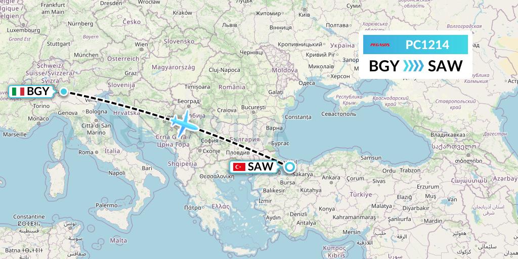 PC1214 Pegasus Airlines Flight Map: Milan to Istanbul