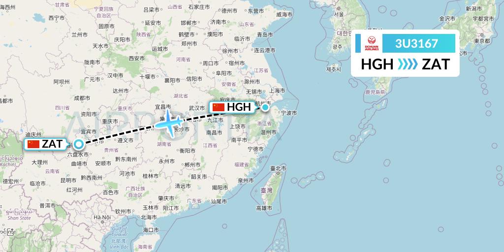 3U3167 Sichuan Airlines Flight Map: Hangzhou to Zhaotong