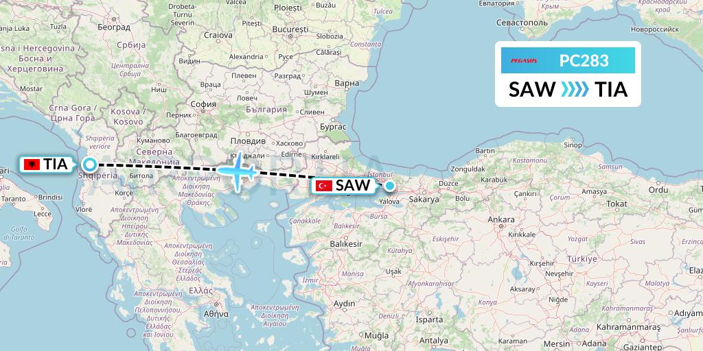PC283 Pegasus Airlines Flight Map: Istanbul to Tirana