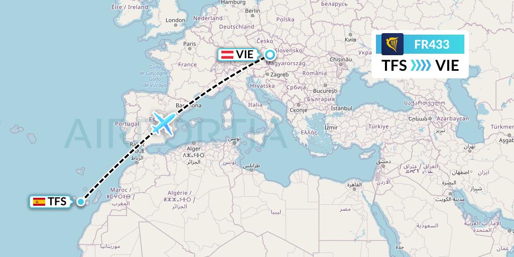 FR433 Ryanair Flight Map: Tenerife to Vienna